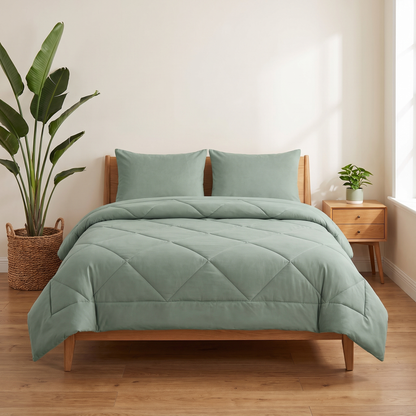 Couette 2-en-1 Kavenlia vert menthe sur un lit, sans draps